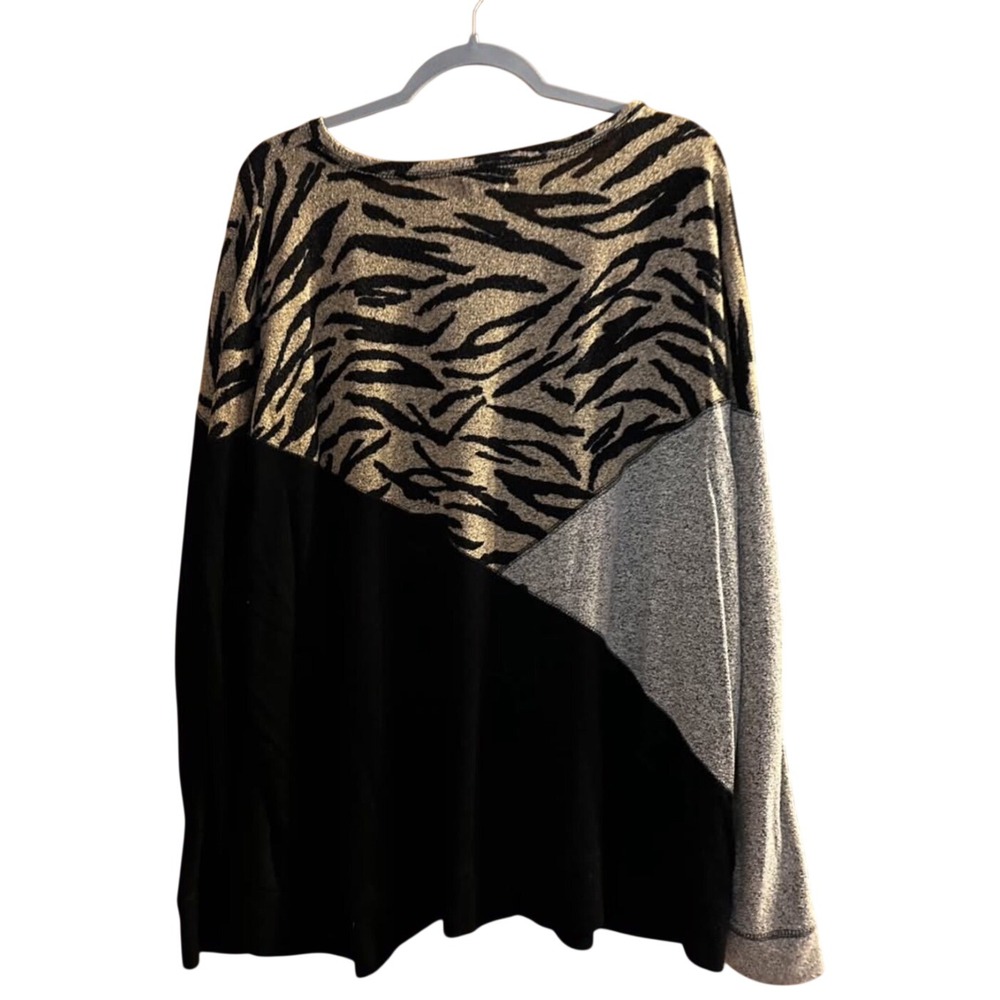 Maurices Top 3X Black Gold Silver Zebra Print Colorblock Metallic Long Sleeve